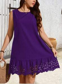 Breezaya Đầm nữ cỡ lớn không tay cổ tròn in họa tiết, đầm ren, đầm hè cho nữ, đầm màu rượu vang, trang phục đi nghỉ mát cho nữ, đầm khoét eo, trang phục mùa xuân cho nữ. - Màu tím - Xem 4