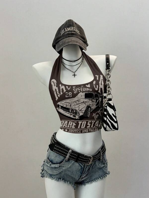 Attitoon Women's Casual Neck Tie Backless Tank Top, Racing Print, Street Fashion, For Summer