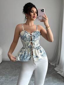 Elenzga Cardigan elegante da donna con stampa floreale, con fiocco sulla schiena e top a canotta arricciato con fiocco davanti, per primavera/estate