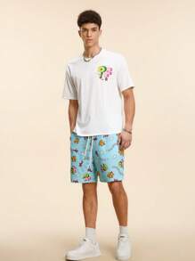 Paul Frank X SHEIN Conjunto de camiseta de manga corta con estampado de dibujos animados y letras, y pantalones cortos para hombre