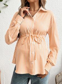 SHEIN Camisa de maternidad casual a rayas con cordón en la cintura, manga larga