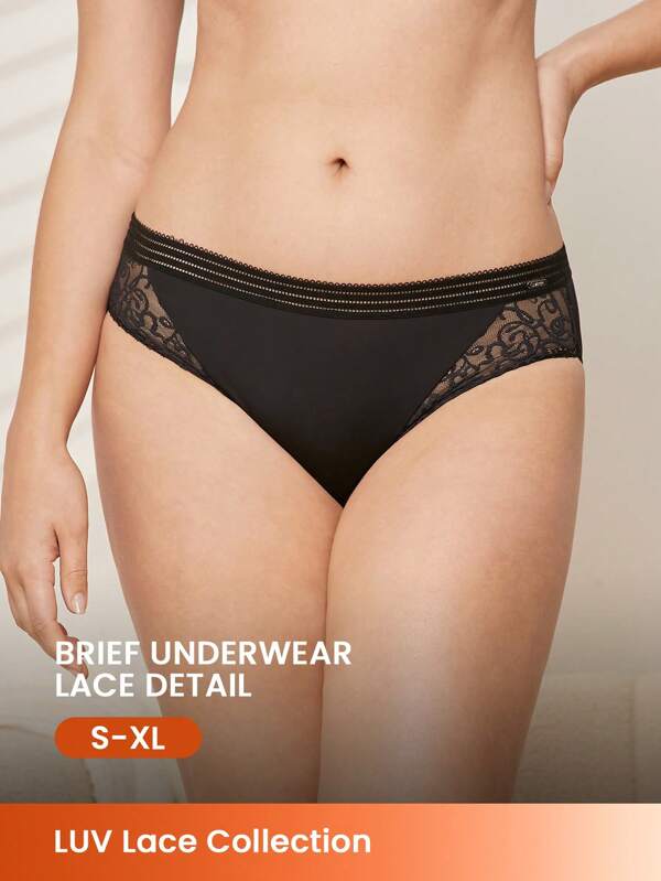 LUVLETTE Mid-Rise  Lace Lingerie Sheer Patchwork Black Panty Underwear For Women