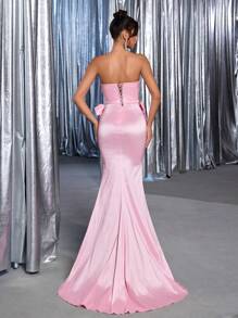 Glamrae Elegant Pink Collar Luxury Sequined Patchwork Strapless Dress With Unique Asymmetric Neckline, Detachable Bowknot Embellish, Mermaid Hem, Adjustable Ribbon, Suitable For Dates, Vacation, Birthday, Single Party, Wedding, Graduation, Prom, Formal Occasions, Gown, For Evening, Wedding Guest,Graduation,Graduation Dresses For Women,Back To School Dress - Pink - View 4