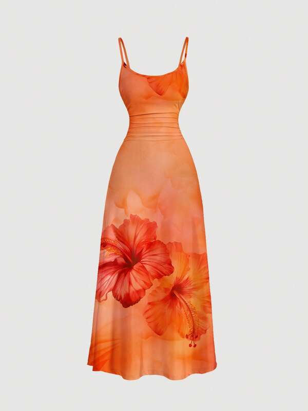 SHEIN MOD فستان ماكسي للسيدات بحجم كبير باللون البرتقالي الداكن والكحلي بطبعة أزهار الخبرة الاستوائية، خصر كشكش مثالي للصيف والحفلات والعطلات والشاطئ, بطراز فينتج رترو عصري, لأجواء الاسترخاء, أناقة جذابة