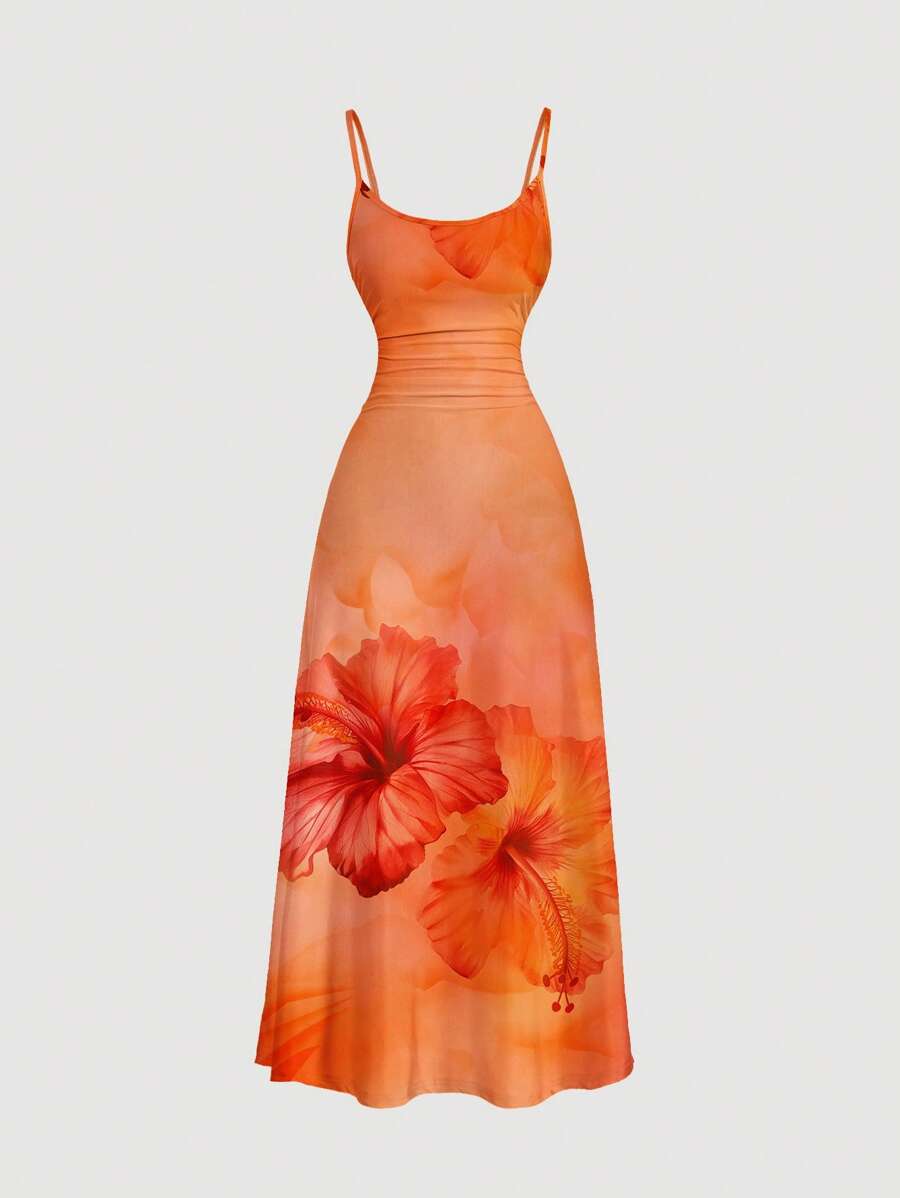 SHEIN MOD 大码女式休闲优雅橙色渐变扎染热带芙蓉花印花腰部褶饰超长吊带裙，适合夏季、派对、度假、海滩、复古风格、休闲度假风格、性感风格