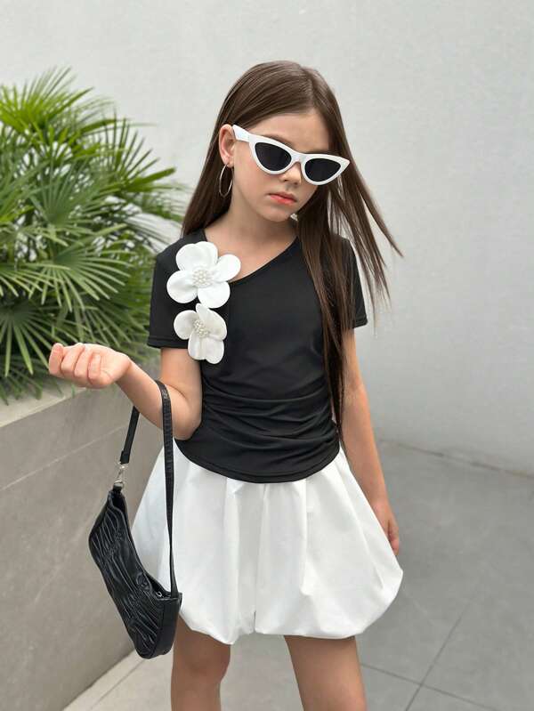 Nova Glow Tween Girls Fashion 3D Floral Design Black & White Contrast Color T-Shirt, Casual Everyday Wear