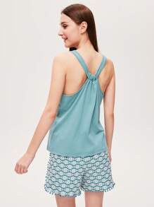 LUVLETTE Weiches Baumwoll Blau Urlaubs Quasten Saum Basis Trägerhemd & bedruckte Shorts Damen Loungewear luftiger Pyjama Set Urlaubs Lingerie als Oberbekleidung
