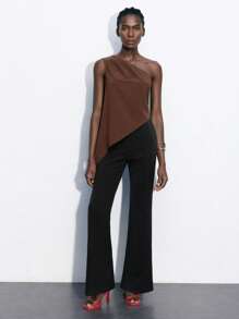 Maija Women's Casual Asymmetric Ruched Sleeveless Blouse, Brown, Suitable For Business And Leisure Wear