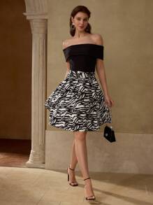 MOTF PREMIUM VESTIDO CON HOMBROS DESCUBIERTOS Y CINTURÓN - Blanco y Negro - Ver 1