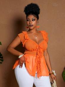 Maweii 大码性感蝴蝶结雪纺衬衫，休闲外出度假上衣 - 亮橙色 - 查看 5