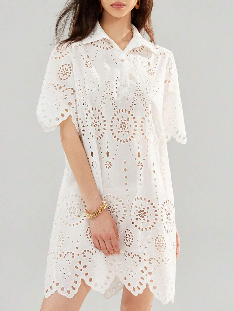 GENKIRA French Summer New Embroidered Trim Short Sleeve Dress - White - View 1