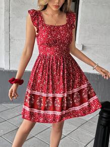 Chiquease 女式碎花露背打结盖袖度假连衣裙 - 紅色 - 查看 3