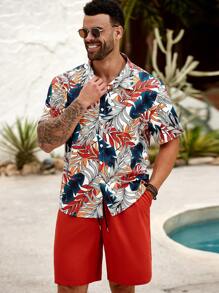 ResortEase Set de 2 piezas de camisa de manga corta y pantalones cortos estampado de hojas para hombres de talla grande de verano