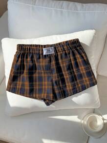 Comfortcana 女士夏季松紧腰格子印花贴布设计休闲短裤 - 橘色 - 查看 4