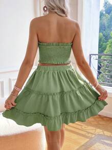 SHEIN Solid Color Casual Maternity Ruffle Hem Crop Top And Mini Skirt Set - Green - View 2