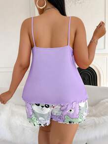 Conjunto de pijama de camiseta de tirantes y pantalones cortos con estampado de gato de talla grande