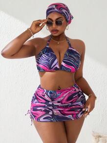 Slaydiva 大码女式 4 件套花卉印花吊带三角比基尼套装，搭配印花抽绳裙和帽子