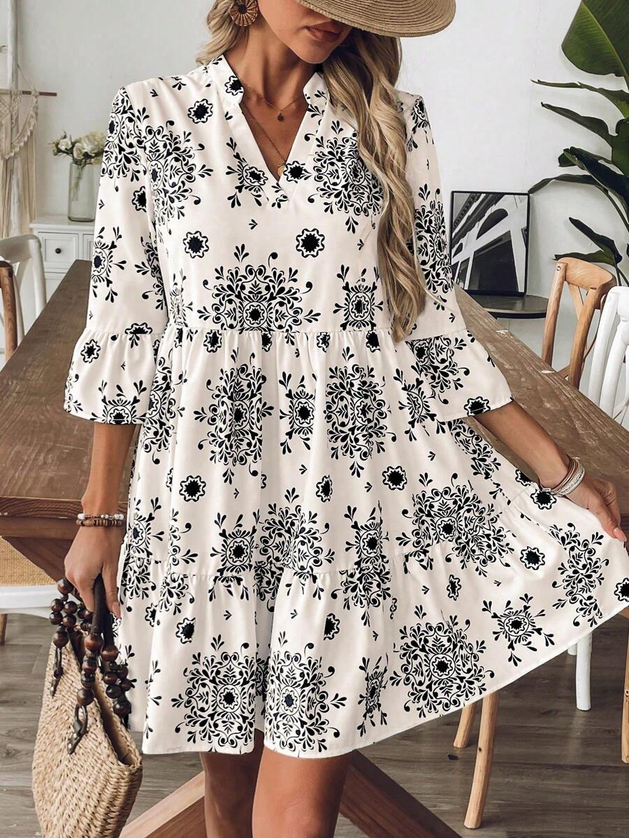 Breezaya 女式蓝白印花连衣裙，休闲度假/日常穿着，四分之一袖 - 黑色 - 查看 1