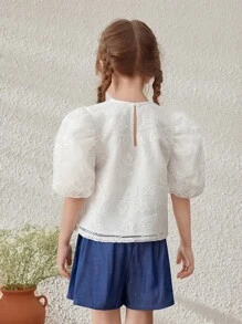Blossori Set für Kleine Mädchen im Country-Stil mit Aprikosen-Oberteil mit Puffärmeln und Shorts in Jeansoptik - Verschiedenfarbig - Übersicht 2