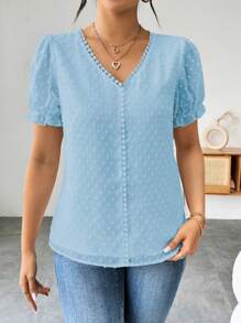 SHEIN Clasi Women's Solid Color Swiss Dot Ruffle V-Neck Puff Sleeve Blouse - Baby Blue - View 3