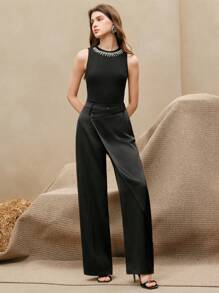 Anewsta Nuevos pantalones rectos de pierna con drapeado asimétrico de seda para primavera/verano, estilo de negocio casual, elegante, de dinero antiguo - Negro - Ver 5