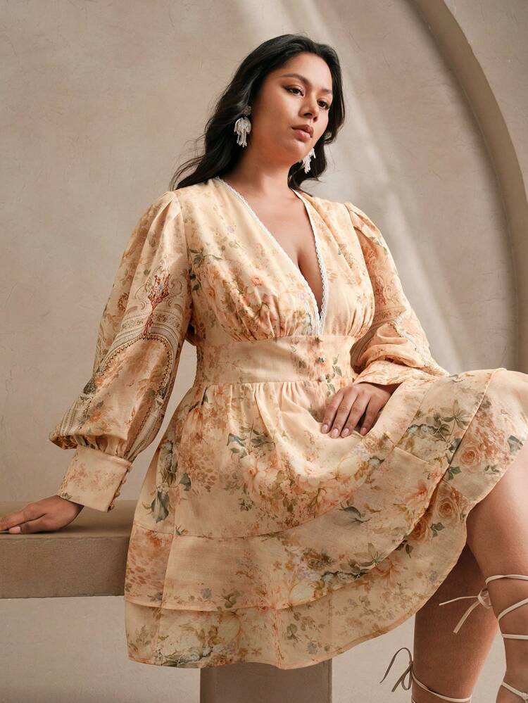 Plus Size Women's Elegant Lantern Sleeve V-Neck Ditsy Floral Waist A-Line Dress, Suitable For Spring, Elegant, Festival, Holiday