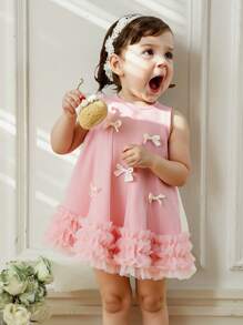 Souflis Souflis 女婴优雅甜美公主网眼吊带无袖连衣裙，粉色，蝴蝶结装饰，网眼荷叶边下摆 - 藕粉色 - 查看 1
