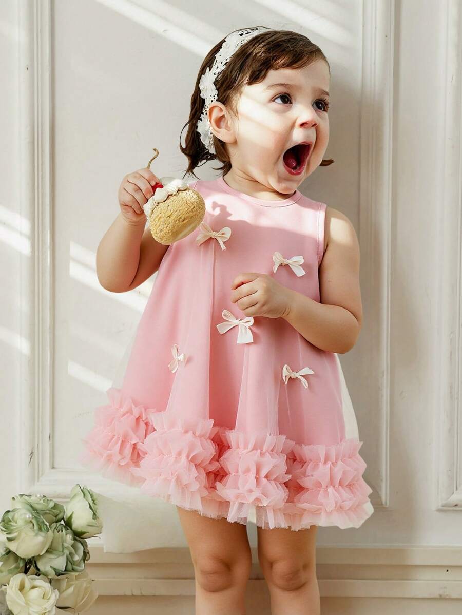 Souflis Souflis 女婴优雅甜美公主网眼吊带无袖连衣裙，粉色，蝴蝶结装饰，网眼荷叶边下摆 - 藕粉色 - 查看 1