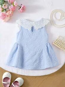 SHEIN Elladie kids Baby Girls Sweet Princess Lace Peter Pan Collar Sleeveless Solid Pink Casual Dress, Summer - Blue - View 2