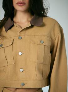 Denimoi 撞色领短款轻薄夹克 - 棕色 - 查看 3