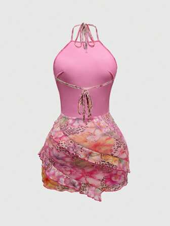 ROMWE Avant Robe femme imprimé léopard et floral, style rétro Y2K vacances plage