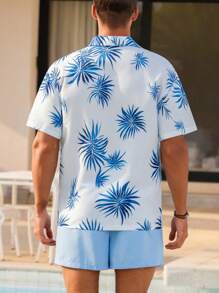 Manfinity Swimmode Men's Tropical Print Shirt And Shorts Beach Outfit, Hawaiian, Men's Beach Shirts, Blue Hawaiian Shirt, Pool Party Outfit Men, Men Vacation Shirts - Baby Blue - View 2