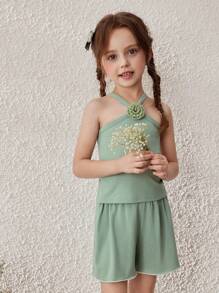 Blossori Young Girls Pastoral Resort 3D Flower Decor Vest & Flower Print Shorts - Green - View 3