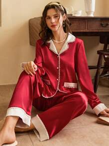 Côtesoire French Retro Elegant Color Block Lace Trim Satin Women Pajama Set