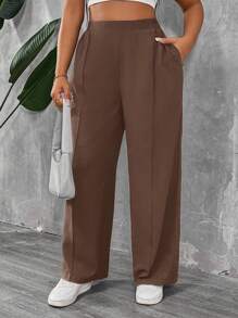 SHEIN PETITE CURVE 小码加大码女式纯色褶皱夏季长裤，商务休闲女装，适合度假、教师等场合。 - 棕色 - 查看 4