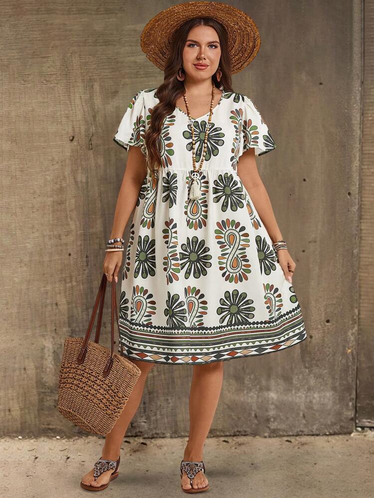 Plus Size Women's V Neck Simple Print Short Sleeve Dress, Summer Fashion Summer Style, Fashion Summer Style, Women's Summer Dress, Mother's Day Dress, Country Concert Dress, Bohemian Style Women's Dress, Women's Western Dress, Women's Holiday Dress Women Short Dresses Summer,Sun Dresses For Women,Spring/Vacation