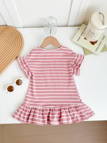 SHEIN Babygirl Cute Knitted Striped Heart Pattern Short Sleeve Dress, Spring/Summer - Pink - View 2