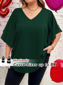 SHEIN CURVE+ Women Plus Size Loose Fuchsia V-Neck Ruffle Sleeve Blouse, Valentine's Daybeach Outfits For Woman/Beach Dress/Beach Vacation Outfits/Beach Essentials / Graduation/Tea Party Dress - Dark Green - View 7