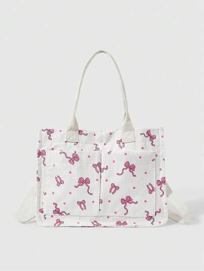Kawaii Women's Spacious White Corduroy Tote Bag – Bow Print Convertible Handbag For Crossbody/Shoulder Use