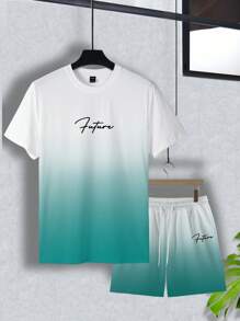 Manfinity Homme Conjunto de 2 piezas de camiseta de manga corta con estampado de letras degradado y pantalones cortos cargo para hombre, ropa de verano