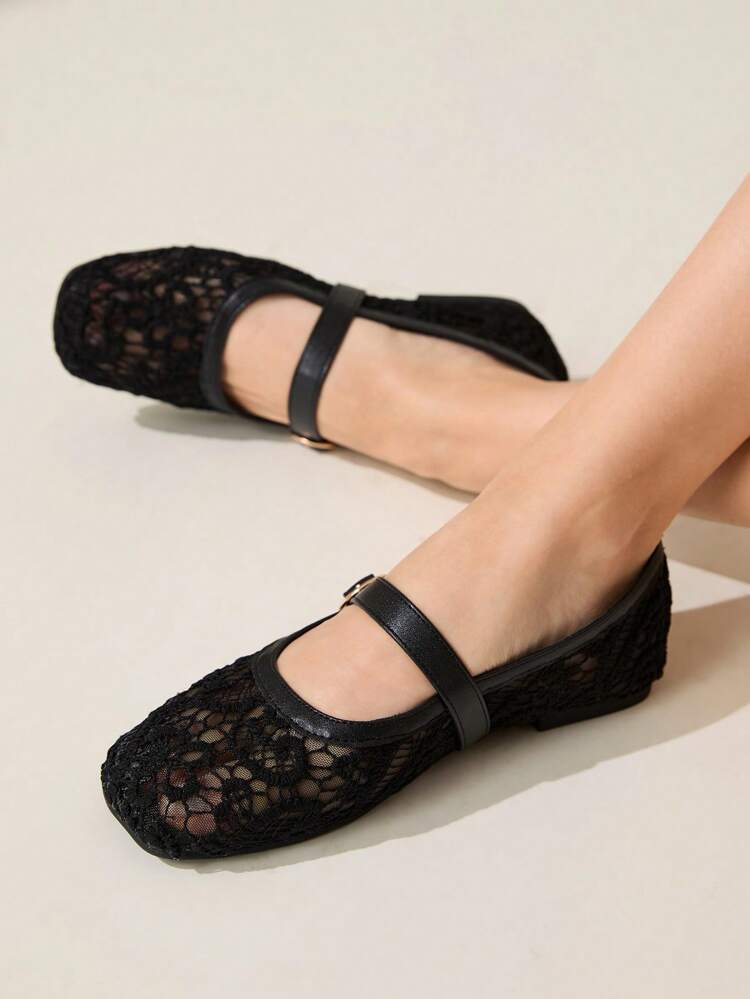 CUCCOO CHICEST Women's Outdoor Round Toe, Low Heel, Black Lace Mesh Fabric Fashion Minimalist Elegant Black Buckle Flat Shoes For Christmas Elegant Shoes Wedding Shoes Summer Shoes Bride Shoes