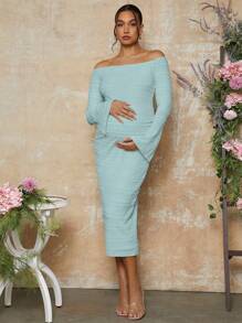 MaterniChic Off Shoulder Fitted Maternity Dress, Valentine's Day - Baby Blue - View 1