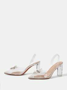 CUCCOO HITCHD Women's Sparkling Crystal Floral Pointy Toe Chunky Heel Elegant Formal Party High Heel Sandals, Transparent PVC Silver Color Wedding Bridal Dress Shoes For Romantic Date, Gala, Wedding - Silver - View 10