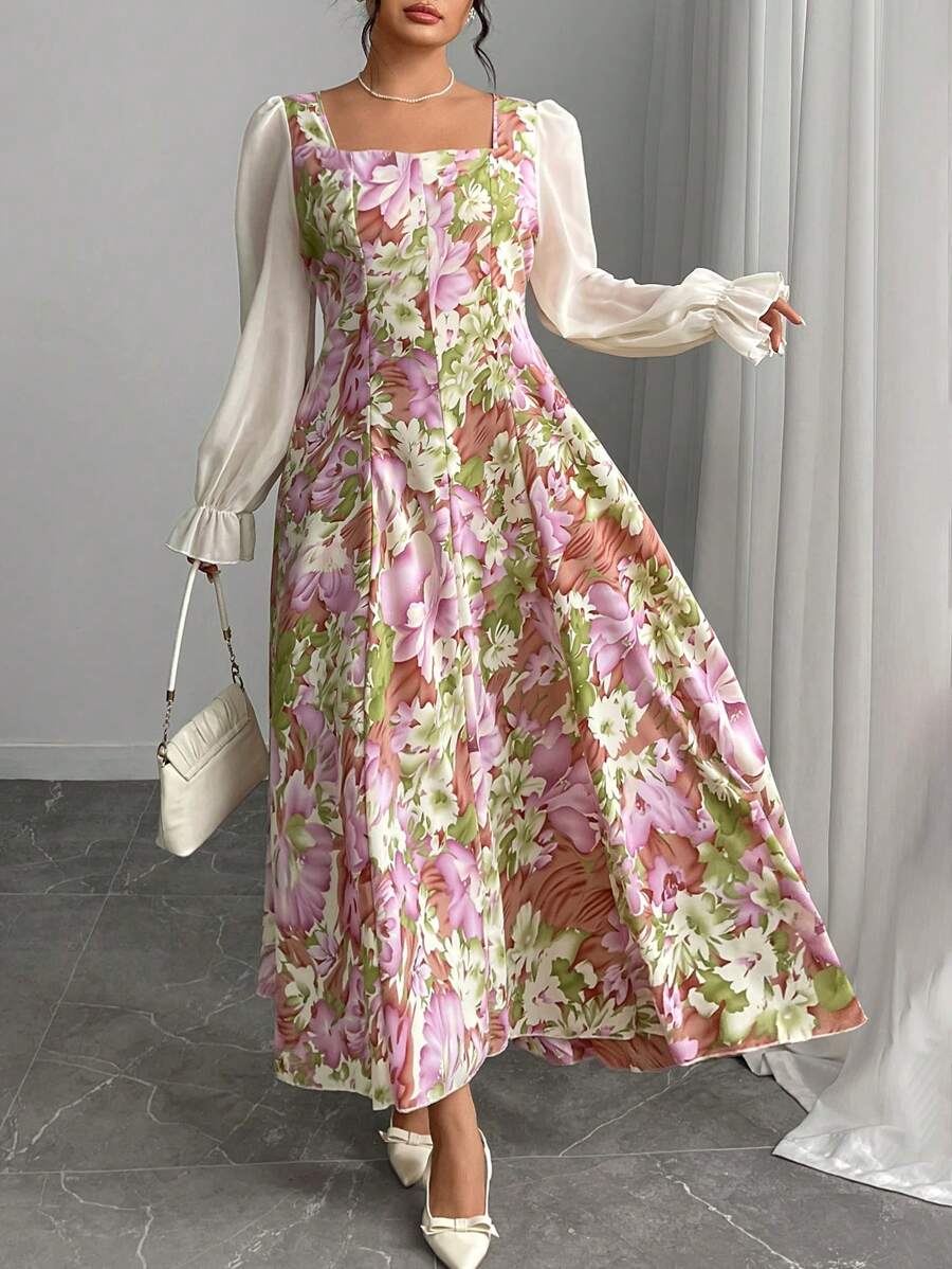 Modelyn Plus Size Woven Multi-Color Print Long Sleeve Cinched Waist A-Line Dress - Purple - View 1