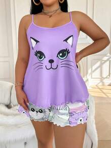 Conjunto de pijama de camiseta de tirantes y pantalones cortos con estampado de gato de talla grande