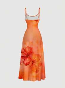 SHEIN MOD 大码女式休闲优雅橙色渐变扎染热带芙蓉花印花腰部褶饰超长吊带裙，适合夏季、派对、度假、海滩、复古风格、休闲度假风格、性感风格