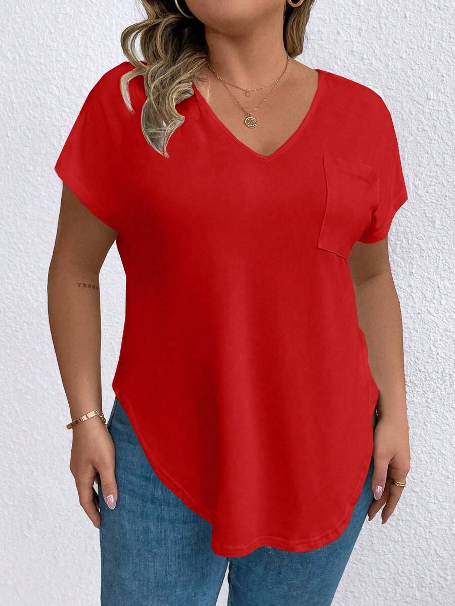 EMERY ROSE 大码女式V领短袖口袋休闲T恤 - 紅色 - 查看 1