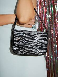 SHECARRY 女士时尚斑马图案水钻装饰晚宴手提包 - 黑與白 - 查看 2