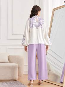 SHEIN Leap Crew 2pcs/Set Teen Girls Pattern Purple & White Floral Ruffle Sleeve Shirt With Faux Pearl Button & Pants - Purple - View 2