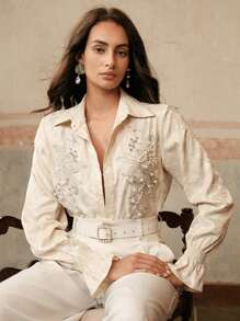 Anewsta Blusa elegante y romántica con decoración de perlas, casual y elegante para brunch, primavera y verano